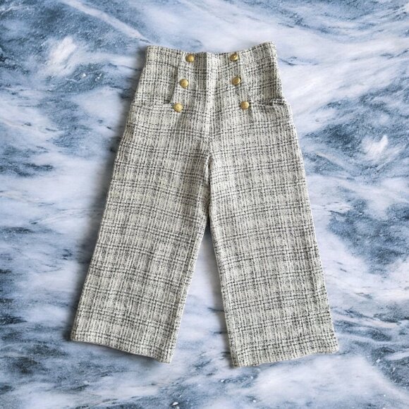 ZARA White Boucle Wide Leg Crop Button Dress Pants Size Medium - Picture 1 of 9